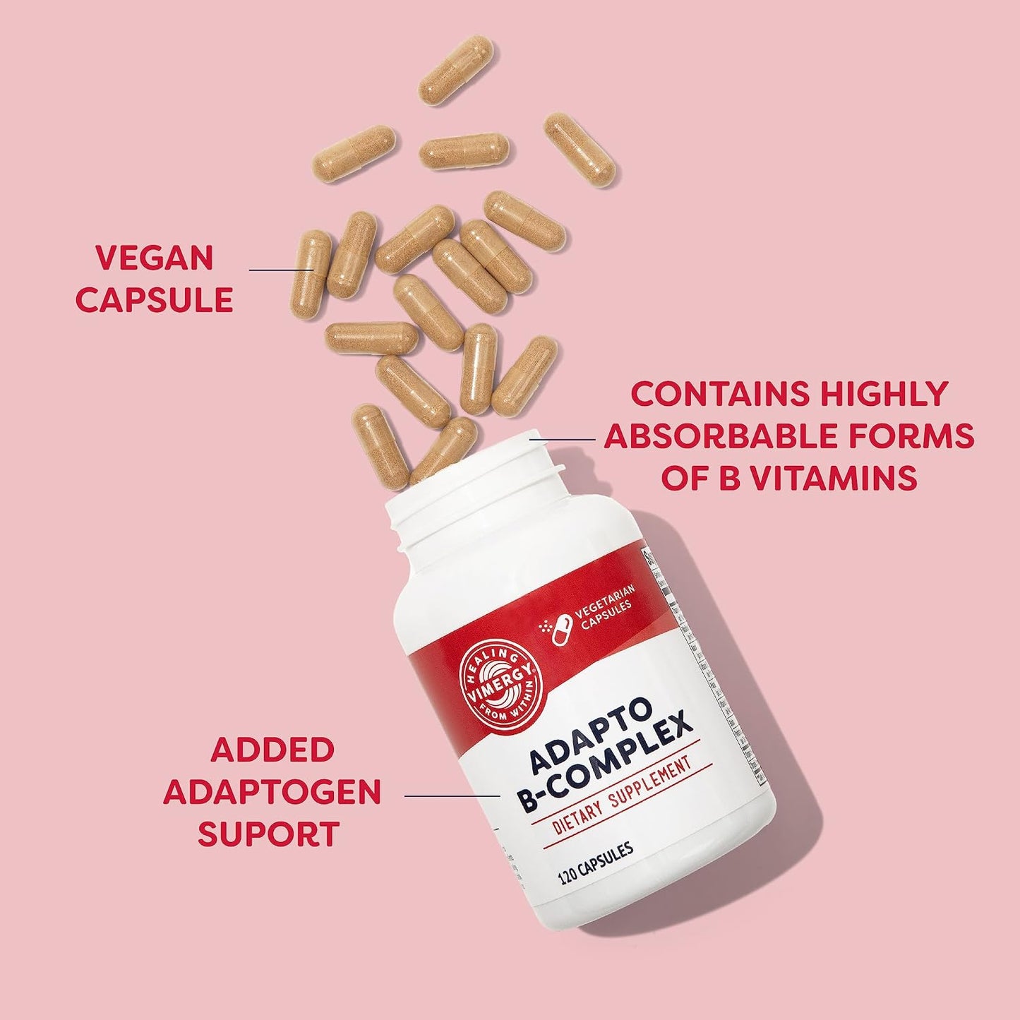 Vimergy Adapto B Complex, 120 Servings – High Potency with 8 B Vitamins, Rhodiola & Hawthorn Berry – Supports Mental Energy, Cognition, Mood - Non-GMO, Kosher, Vegan, No Gluten, No Soy