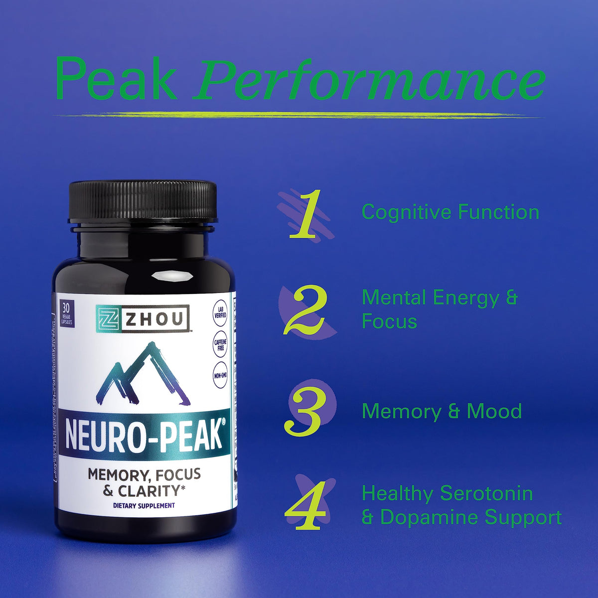 Zhou Neuro Peak Brain Support Supplement | Memory, Focus & Clarity Formula | DMAE
