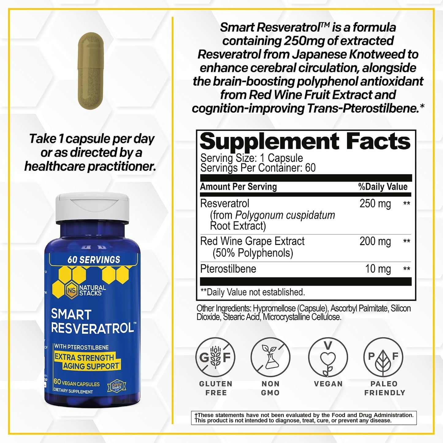Resveratrol 250mg With Trans-Pterostilbene, Antioxidant Support, 60 Count | Sourced from Japanese knotweed with 200mg red wine extract. Extra strength formula for healthy aging and cellular defense.