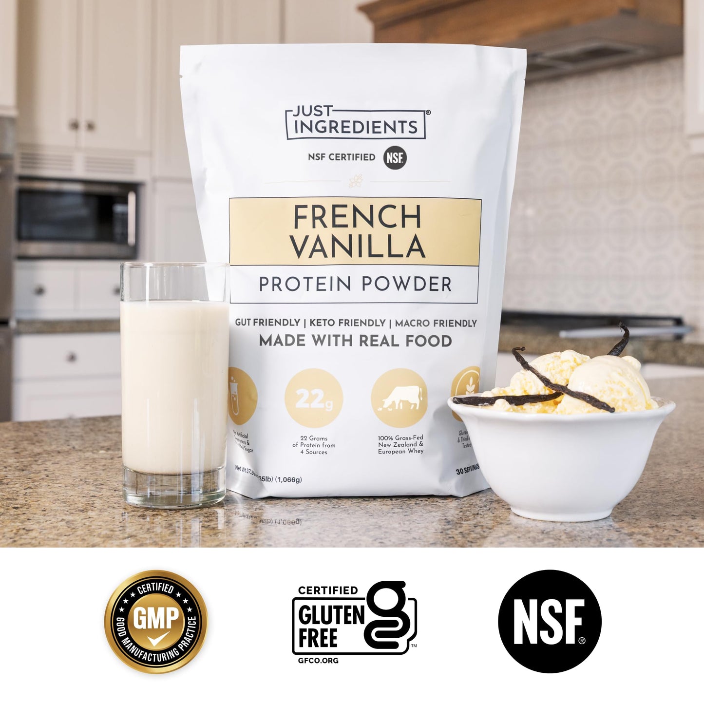 JUST INGREDIENTS Vanilla Bean Protein Powder – 20-Serving Blend with 100% Grass-Fed Whey & Organic Plant Proteins – Real Vanilla Bean & Cinnamon – Supports Muscle Recovery, Energy*
