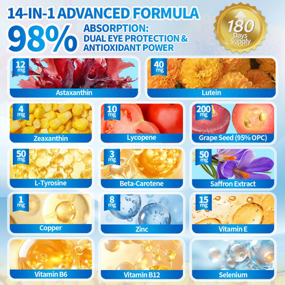 14-in-1 Astaxanthin 12mg & Lutein 40mg with Zeaxanthin Supplements, 6 Month Supply, Fresh Microalgae Source, Supports Eye, Skin, Antioxidant, Joint, Circulatory Health Non-GMO Gluten Free 180 Softgels