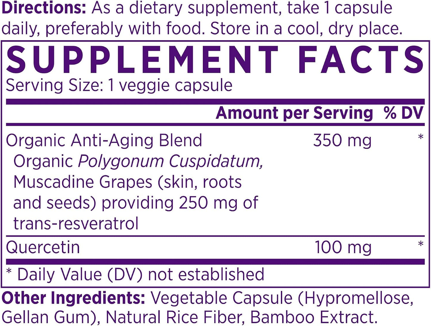 NAOMI Organic Resveratrol 250mg + Quercetin - Supports Cardiovascular Health, Cellular Longevity & Antioxidant Defense - Trans-Resveratrol from Organic Sources, Non-GMO, Vegan, 60-Day Supply