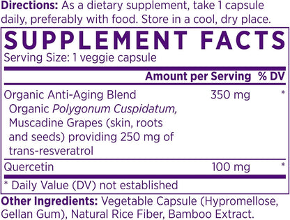 NAOMI Organic Resveratrol 250mg + Quercetin - Supports Cardiovascular Health, Cellular Longevity & Antioxidant Defense - Trans-Resveratrol from Organic Sources, Non-GMO, Vegan, 60-Day Supply