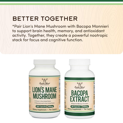 Organic Lions Mane Mushroom Capsules (120 Count), for Focus Support and Immune Health, Third Party Tested and Grown in The USA - by Double Wood