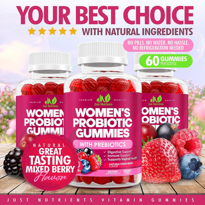 Just Nutrients Women's Probiotic Gummies with Prebiotics | 12 Strains – Digestive, Immune, Vaginal & Urinary Tract Health Support – Natural Mixed Berry Flavor, 60 Gummies