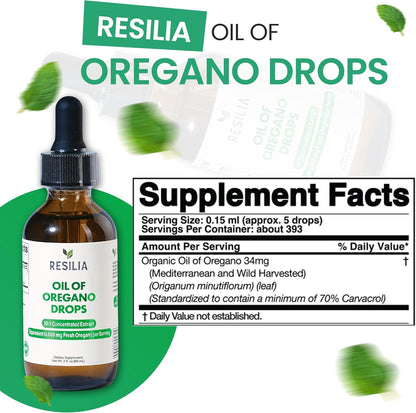 Resilia Premium Oregano Oil Drops – High Potency 34mg Per Serving – Herbal Antioxidant Formula for Immune Support – Non-GMO, Easy-to-Use Liquid Supplement, 60ml