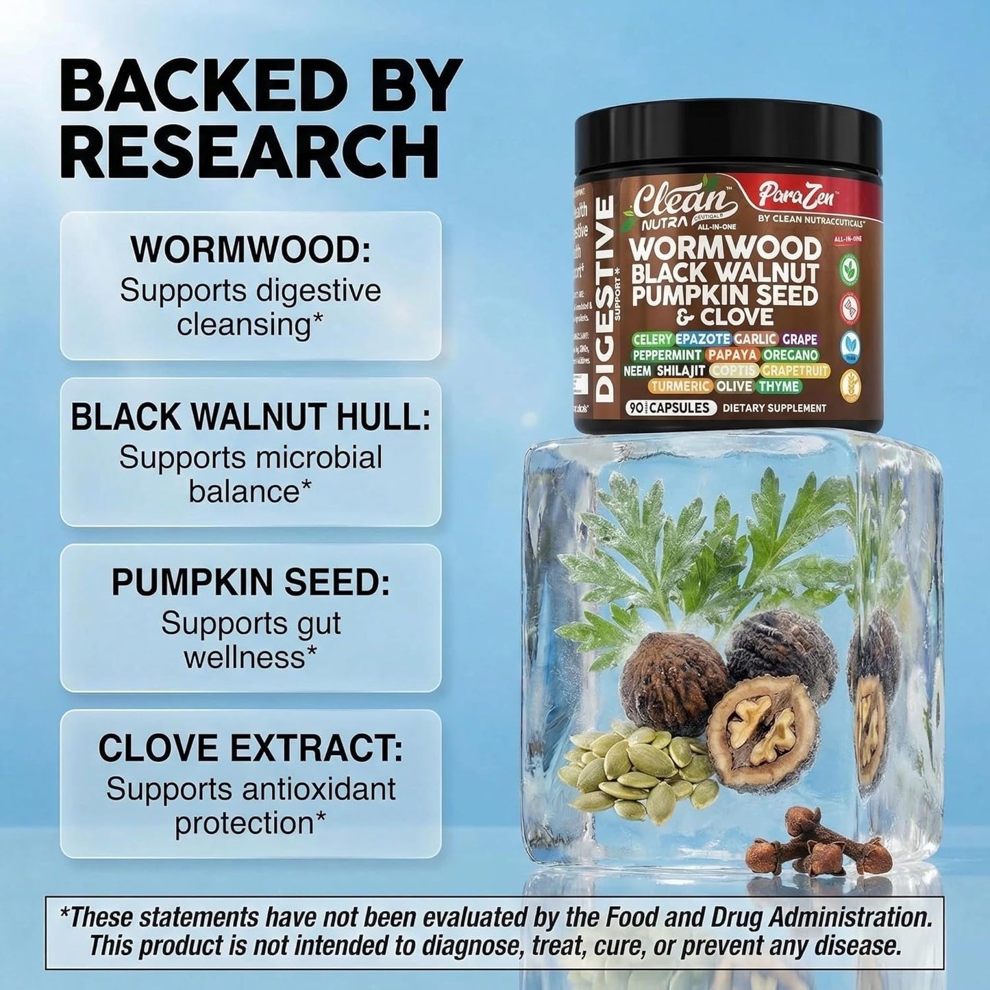 Clean Nutra Wormwood Black Walnut Pumpkin Seed Clove Oil Celery Garlic Grape Papaya Neem Diatomaceous Earth Womens Probiotic Gut Health Cleanse Detox Oregano Olive Turmeric Supplement Vegan Capsules