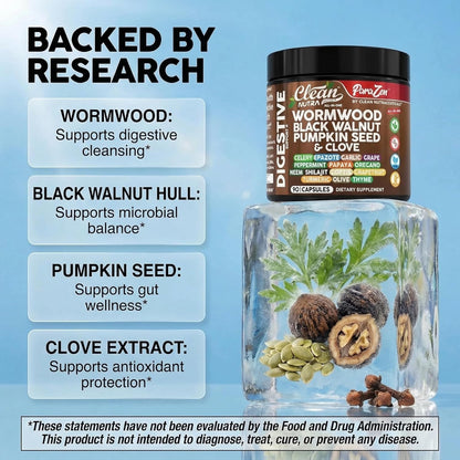 Clean Nutra Wormwood Black Walnut Pumpkin Seed Clove Oil Celery Garlic Grape Papaya Neem Diatomaceous Earth Womens Probiotic Gut Health Cleanse Detox Oregano Olive Turmeric Supplement Vegan Capsules