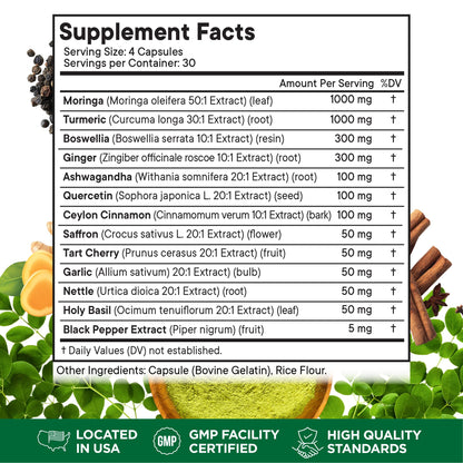 Turmeric Moringa Supplement | Ginger, Boswellia, Saffron, Holy Basil- Joint Support Supplement for Women and Men with Ceylon Cinnamon, Quercetin, Tart Cherry- 240 Count