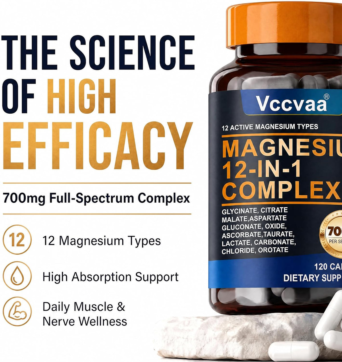 Magnesium Complex 700mg | 12-in-1 High Absorption Supplement | Glycinate, Citrate, Malate, Taurate & More | Sleep Support, Muscle Cramp Relief, Stress, Heart & Nerve Health | 120 Vegan Capsules
