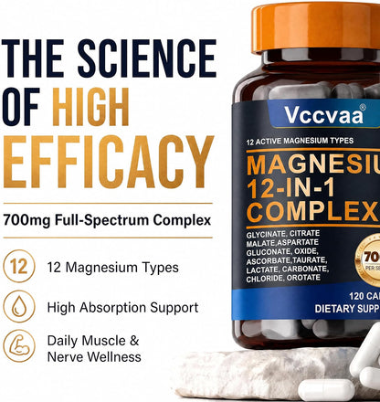 Magnesium Complex 700mg | 12-in-1 High Absorption Supplement | Glycinate, Citrate, Malate, Taurate & More | Sleep Support, Muscle Cramp Relief, Stress, Heart & Nerve Health | 120 Vegan Capsules