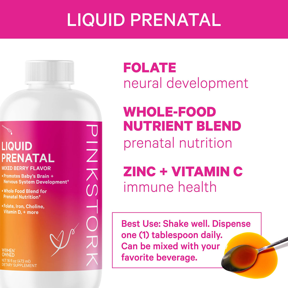 Pink Stork Liquid Prenatal Vitamin Bundle: Liquid Prenatal Vitamin with DHA and Folic Acid + Pro + DHA