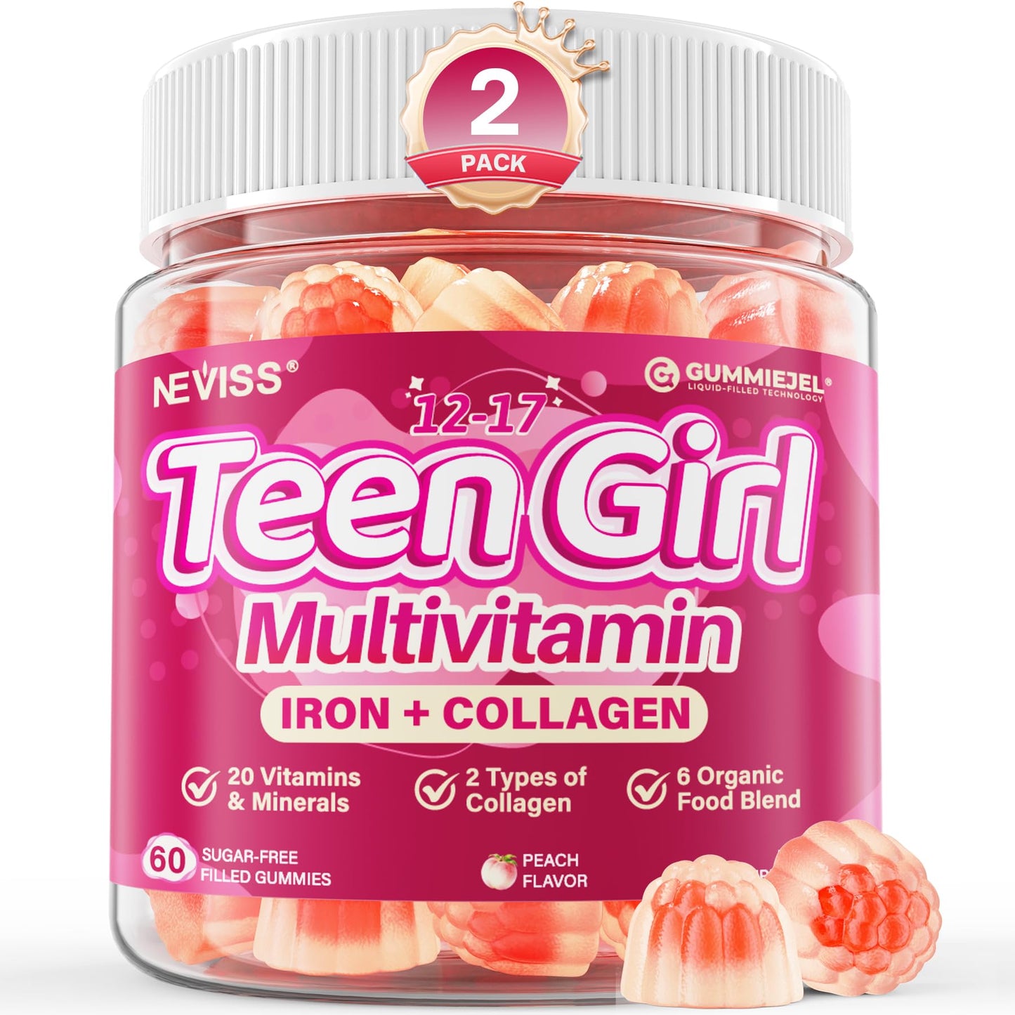 Methylated Multivitamin Gummies for Teen Girls 12-17, Methylfolate, Iron, Collagen, D3 K2, Magnesium, Zinc, Daily Vitamins A C E, B Complex for Teenager Growth, Skin, Bone, Energy - Sugar Free, 60 Cts