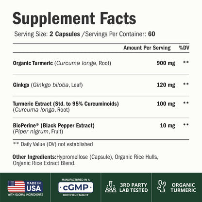 Ginko Biloba Capsules w/Ginkgo Biloba 120mg & Organic Turmeric – 60 Count