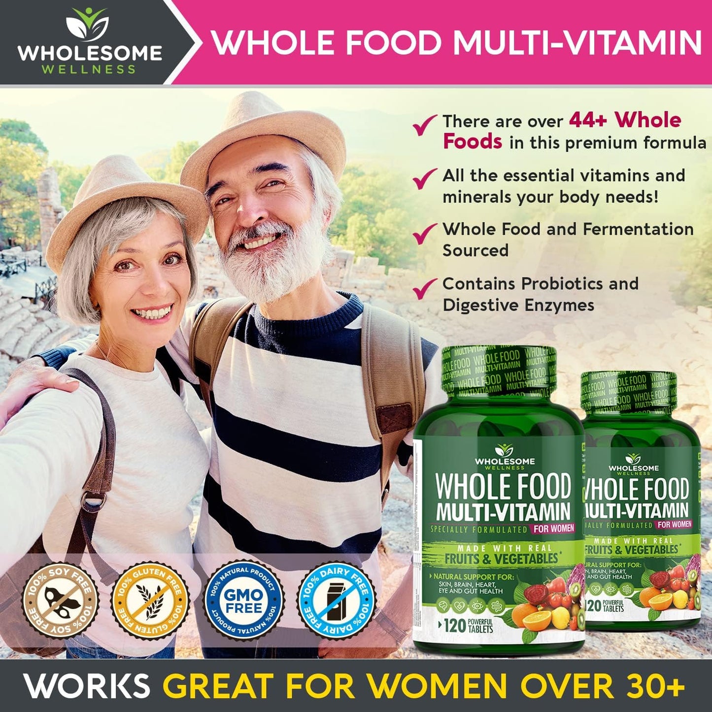 Wholesome Wellness Whole Food Multivitamin for Women - Natural Multi Vitamins, Minerals, Organic Extracts - 120 Tablets