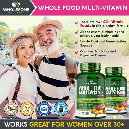 Wholesome Wellness Whole Food Multivitamin for Women - Natural Multi Vitamins, Minerals, Organic Extracts - 120 Tablets