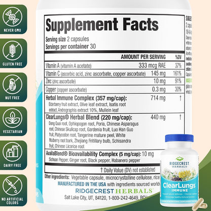 RidgeCrest Herbals ClearLungs Immune Mullein, Elderberry and Zinc 60 Ct | 30 Servings, Vitamin C and A, Olive Leaf, Mullein, Natural Respiratory Wellness, Vegan Capsules, Daily Immune Blend