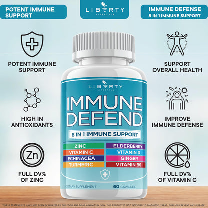 8 in 1 Immune Defense Support, Immunity Vitamins Supplement Booster Zinc 50mg, Vitamin C Elderberry VIT D3 5000 IU, Turmeric Curcumin & Ginger, Echinacea - Allergy Relief for Kids Adults (2 Pack)