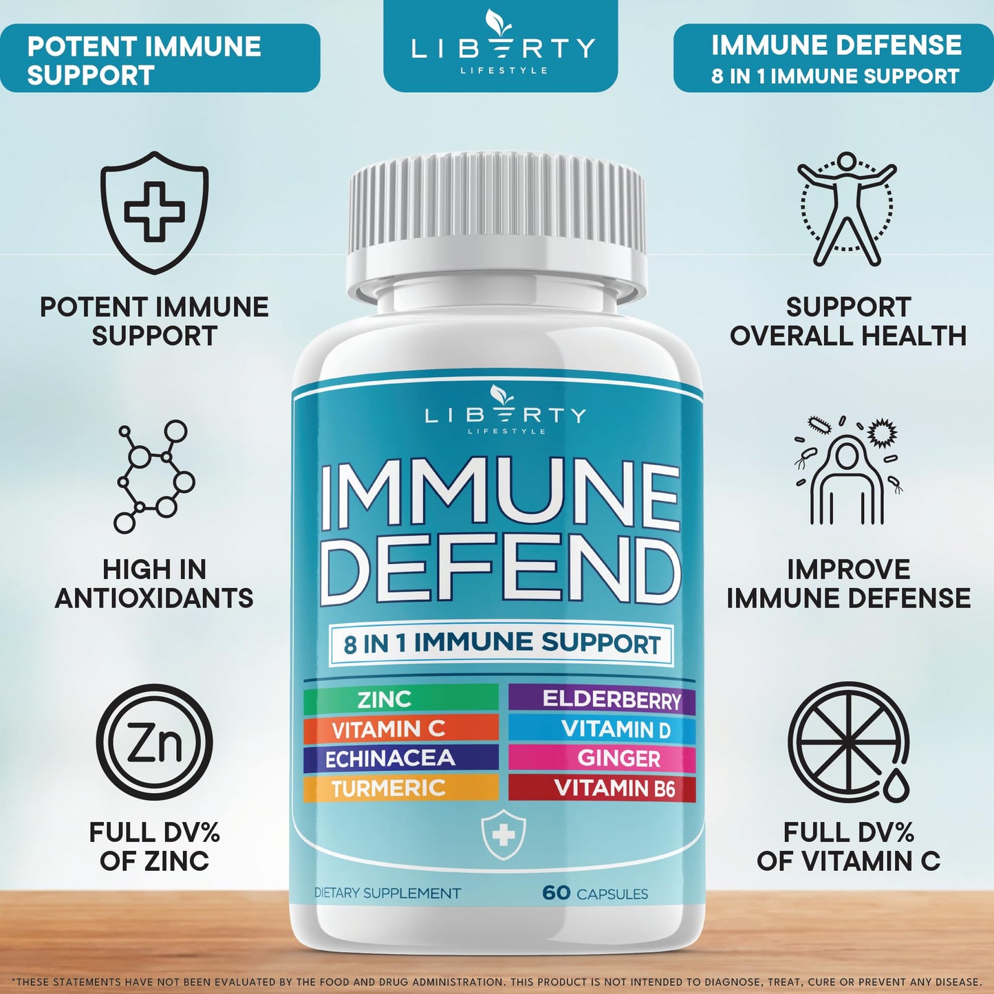 8 in 1 Immune Defense Support, Immunity Vitamins Supplement Booster Zinc 50mg, Vitamin C Elderberry VIT D3 5000 IU, Turmeric Curcumin & Ginger, Echinacea - Allergy Relief for Kids Adults (2 Pack)