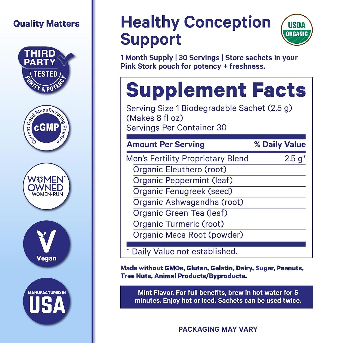 BlueStork Organic Fertility Tea for Men, Mint, 15 Sachets | Organic Fertility Supplements for Men - Green Tea, Maca Root, and Ginkgo Biloba - Male Reproductive Health