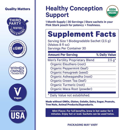 BlueStork Organic Fertility Tea for Men, Mint, 15 Sachets | Organic Fertility Supplements for Men - Green Tea, Maca Root, and Ginkgo Biloba - Male Reproductive Health