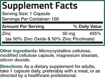 Bronson Zinc 50mg Complex High Potency Immune Support Supplement & Antioxidant and Skin Health - Non GMO, 100 Vegetarian Capsules