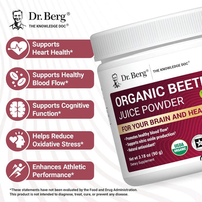 Dr. Berg Raw Organic Beet Powder from Real Earth-Grown Beets – USDA Certified Organic Beet Root Powder to Support Nitric Oxide Levels, Energy, Blood Flow, & Heart Health* – 30 Servings