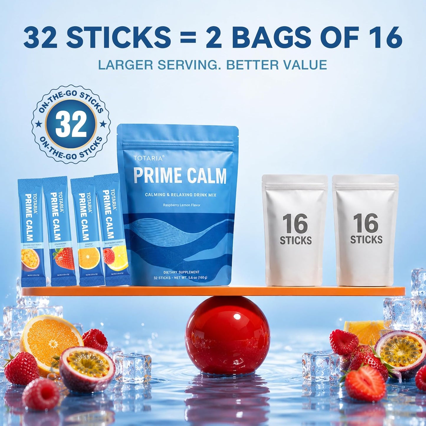 PrimeCalm Drink Mix | Cortisol Reducer* Stress Mood & Sleep Aid with Magnesium Glycinate, Ashwagandha, L-Theanine, 10B Probiotic, No Sugar, 32 Ct.
