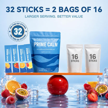 PrimeCalm Drink Mix | Cortisol Reducer* Stress Mood & Sleep Aid with Magnesium Glycinate, Ashwagandha, L-Theanine, 10B Probiotic, No Sugar, 32 Ct.