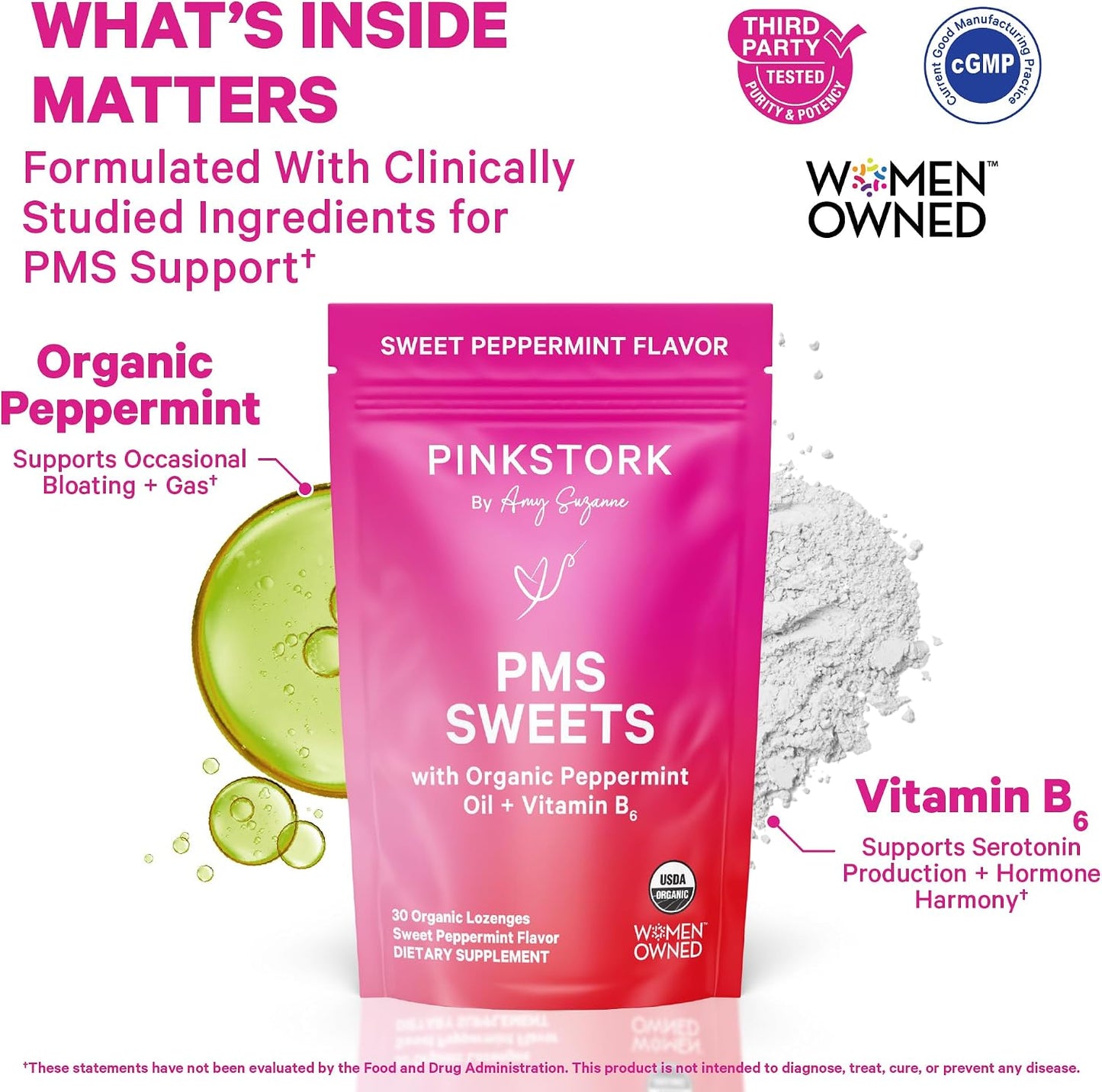 Pink Stork Organic PMS Support Sweets for Teens and Women - Simple & Natural Ingredients Vitamin B6 and Peppermint - Period, Digestion, Bloating, Mood Swings - 30 Drops