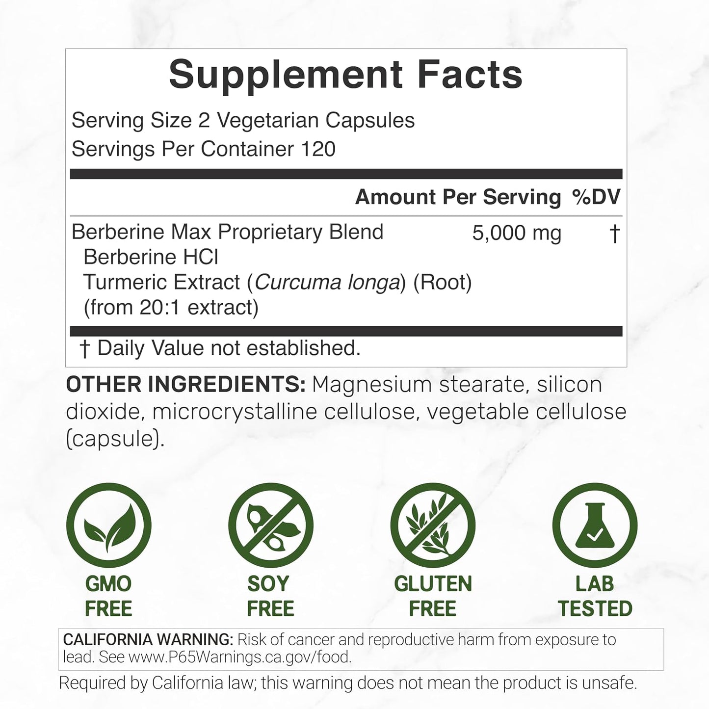 DEAL SUPPLEMENT Berberine Max Supplement with Turmeric, 5000 mg** Per Serving, 240 Vegetarian Capsules | Berberine HCl with Turmeric Root Extract | Non-GMO