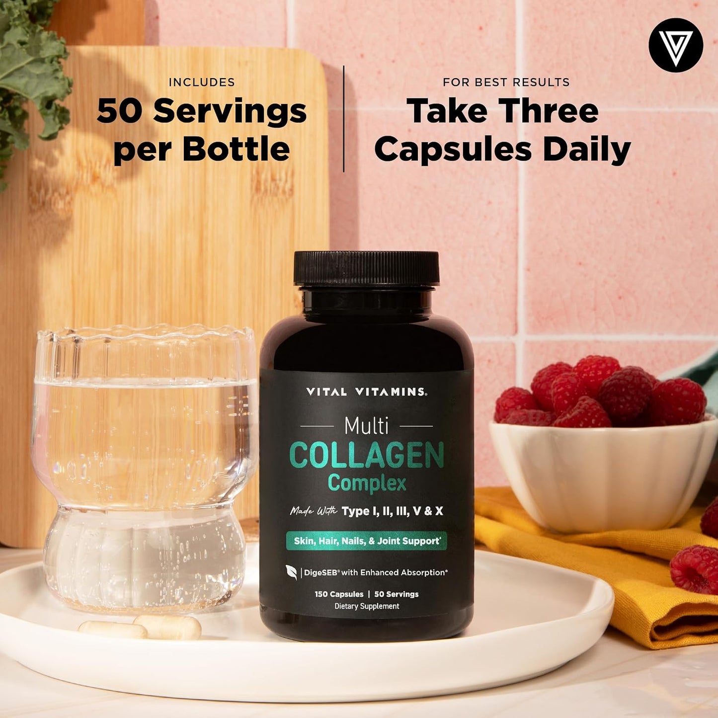 Vital Vitamins Multi Collagen Peptides Complex for Women & Men, 150 Pills | Supports Skin, Hair & Nails, 5 Collagen Types I II III V & X, Grass-Fed Non-GMO Collagen Supplements