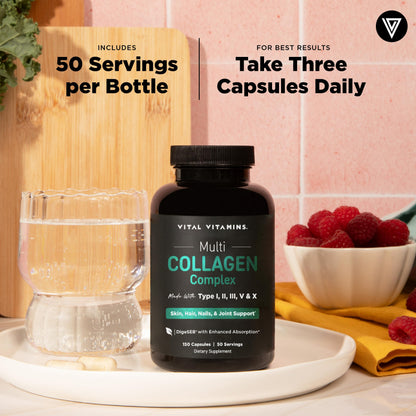 Vital Vitamins Multi Collagen Peptides Complex for Women & Men, 150 Pills | Supports Skin, Hair & Nails, 5 Collagen Types I II III V & X, Grass-Fed Non-GMO Collagen Supplements