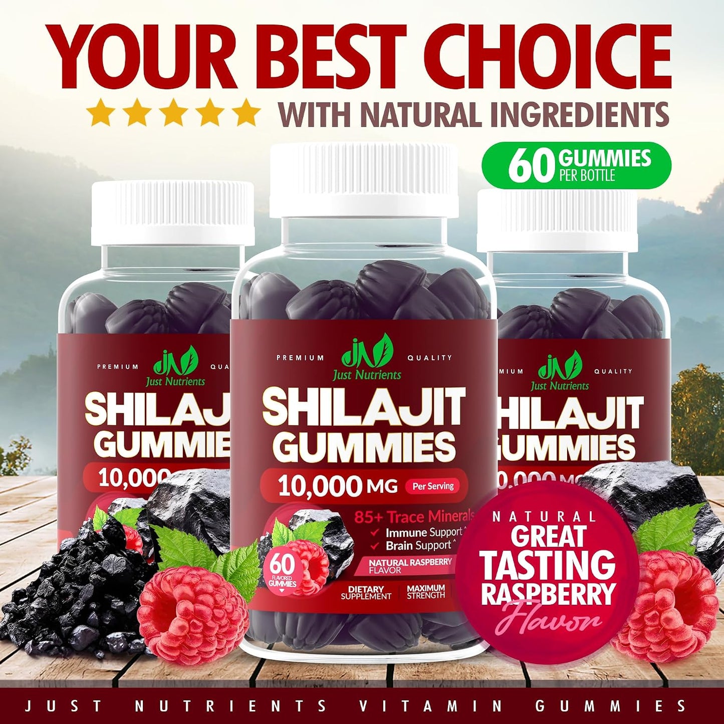 Shilajit 10,000mg Gummies for Men & Women - Maximum Strength Pure Himalayan Shilajit, Gluten-Free, Non-GMO, 100% Vegetarian - Natural Raspberry Flavor - 60 Count