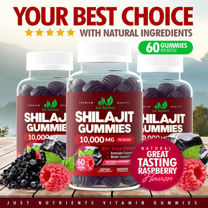 Shilajit 10,000mg Gummies for Men & Women - Maximum Strength Pure Himalayan Shilajit, Gluten-Free, Non-GMO, 100% Vegetarian - Natural Raspberry Flavor - 60 Count