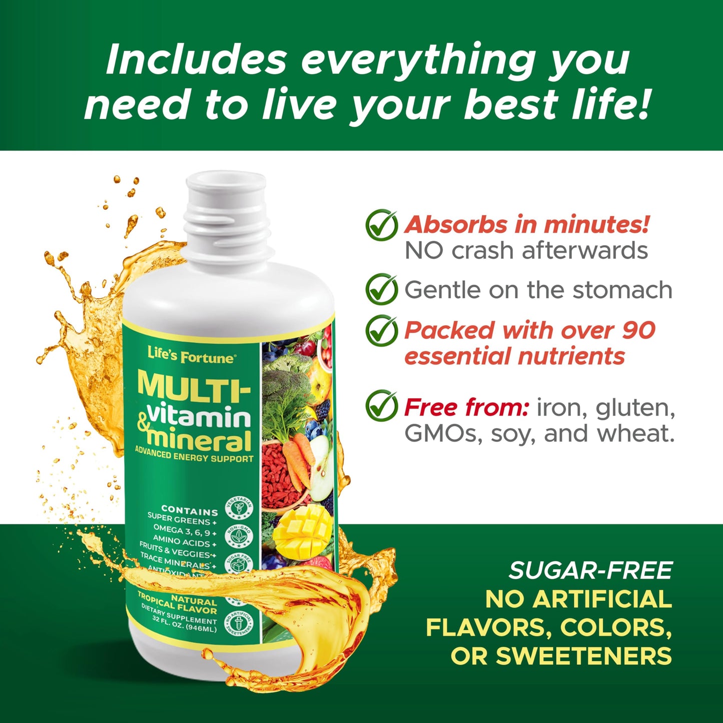Life’s Fortune Liquid Multivitamin for Adults and Seniors – Fast Absorption Vitamins and Minerals with 90+ Nutrients for Energy and Immune Support – Easy to Digest, Sugar Free, Tropical Flavor, 32 oz