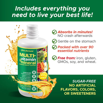 Life’s Fortune Liquid Multivitamin for Adults and Seniors – Fast Absorption Vitamins and Minerals with 90+ Nutrients for Energy and Immune Support – Easy to Digest, Sugar Free, Tropical Flavor, 32 oz