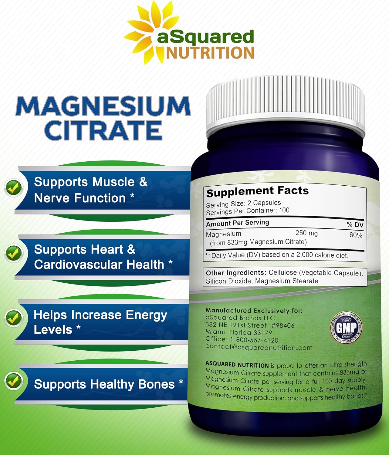 aSquared Nutrition Magnesium Citrate 833mg Supplement - 200 Capsules - Max Strength Vegan Mag Citrate Powder Pills to Support Pure Function of Muscles, Heart & Bones - Helps Increase Energy
