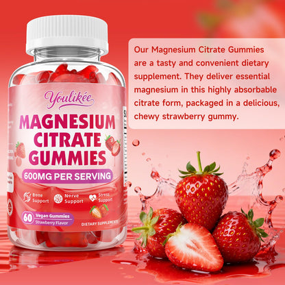 Magnesium Citrate Gummies, High Absorption Magnesium Gummies for Adults | Magnesium Supplement for Relaxation, Vegan, Sugar-Free, Strawberry Flavor, 60 Count