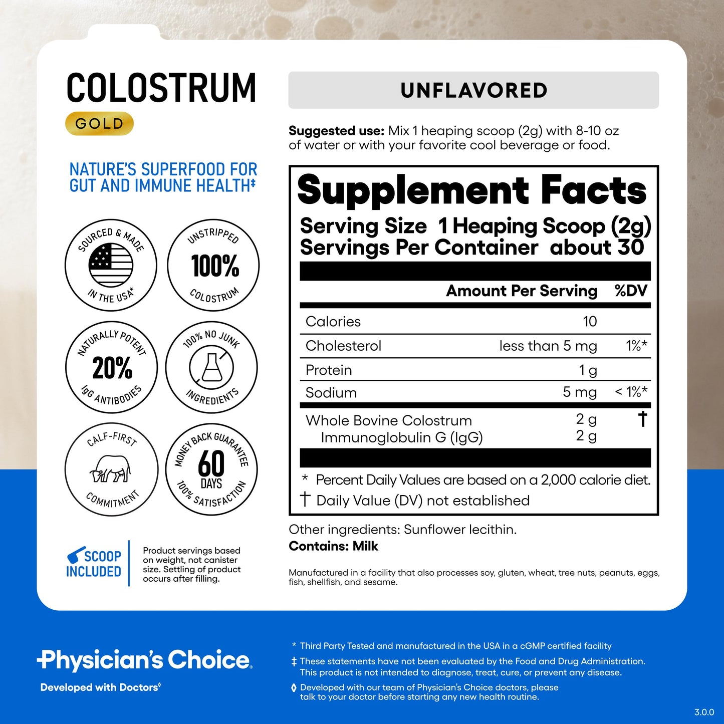 Physician's CHOICE Colostrum Gold Powder - First-Day Milking for Gut & Immune Support - Potent IgG Antibodies & Bioactive Nutrients - Whole & Unstripped - Easy to Mix - Made in the USA - 60 Servings