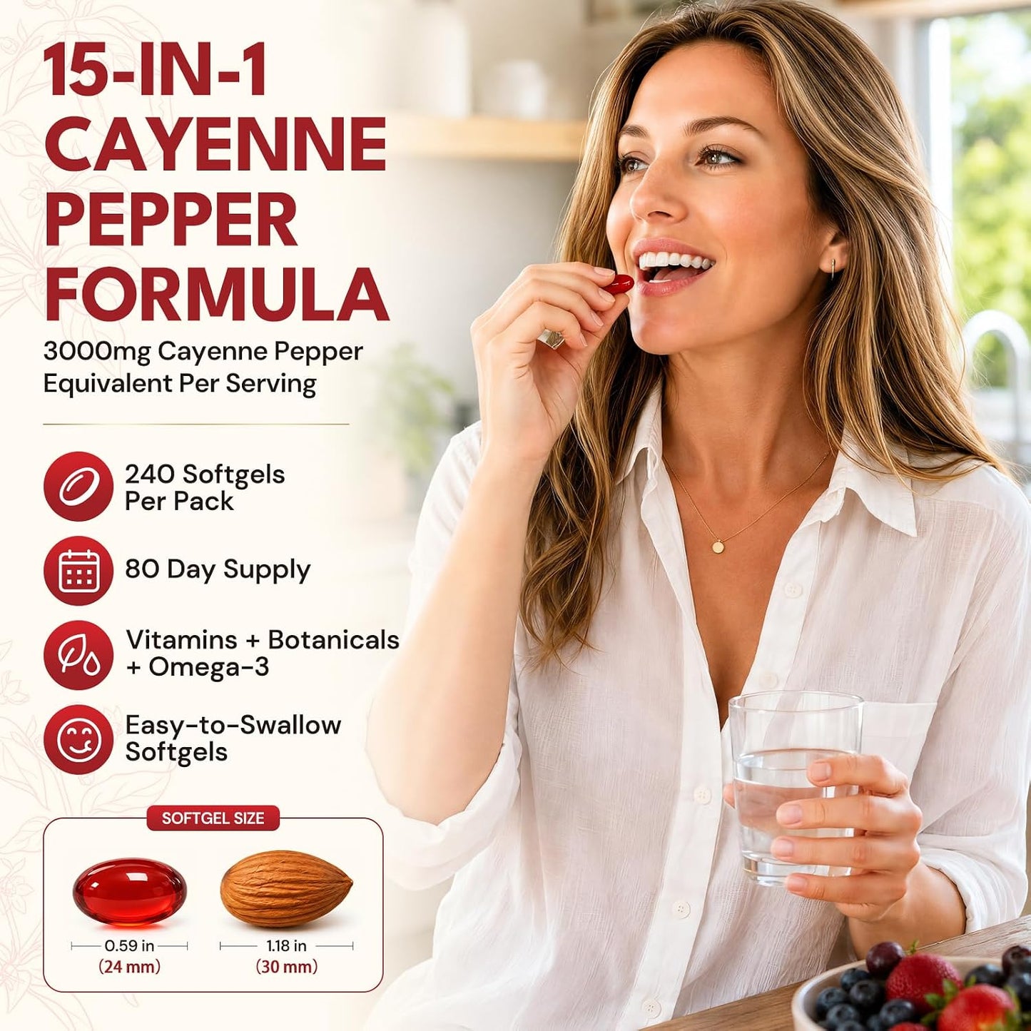 Cayenne Pepper Softgels, 15-in-1 Cayenne Pepper Capsules with Vitamin D3 + K2, L-Citrulline, Beet Root, CoQ10, Capsaicin supplements for Healthy Circulation, Energy, Heart Vessel Support, 240ct