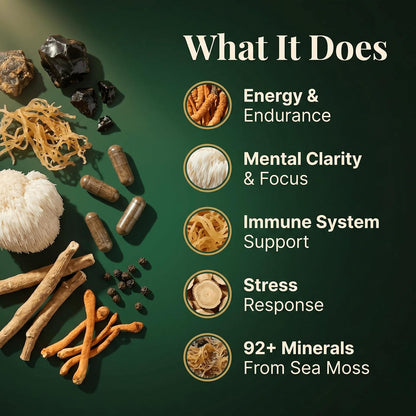 Shilajit Sea Moss Lions Mane Ashwagandha Cordyceps Capsules, 6-in-1 Mushroom Complex with BioPerine, 400mg Shilajit Extract, 120 Vegan Capsules, Made in UK, Third Party Tested