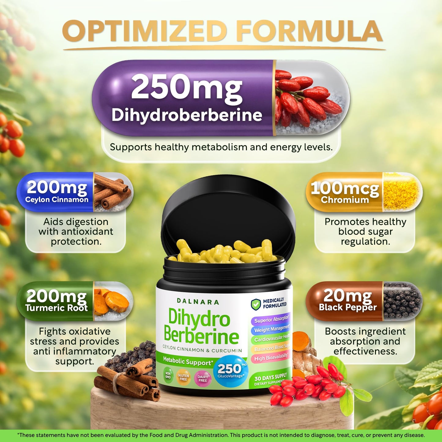 Dihydroberberine 250mg | GlucoVantage 30 days Supply | DHB supplement