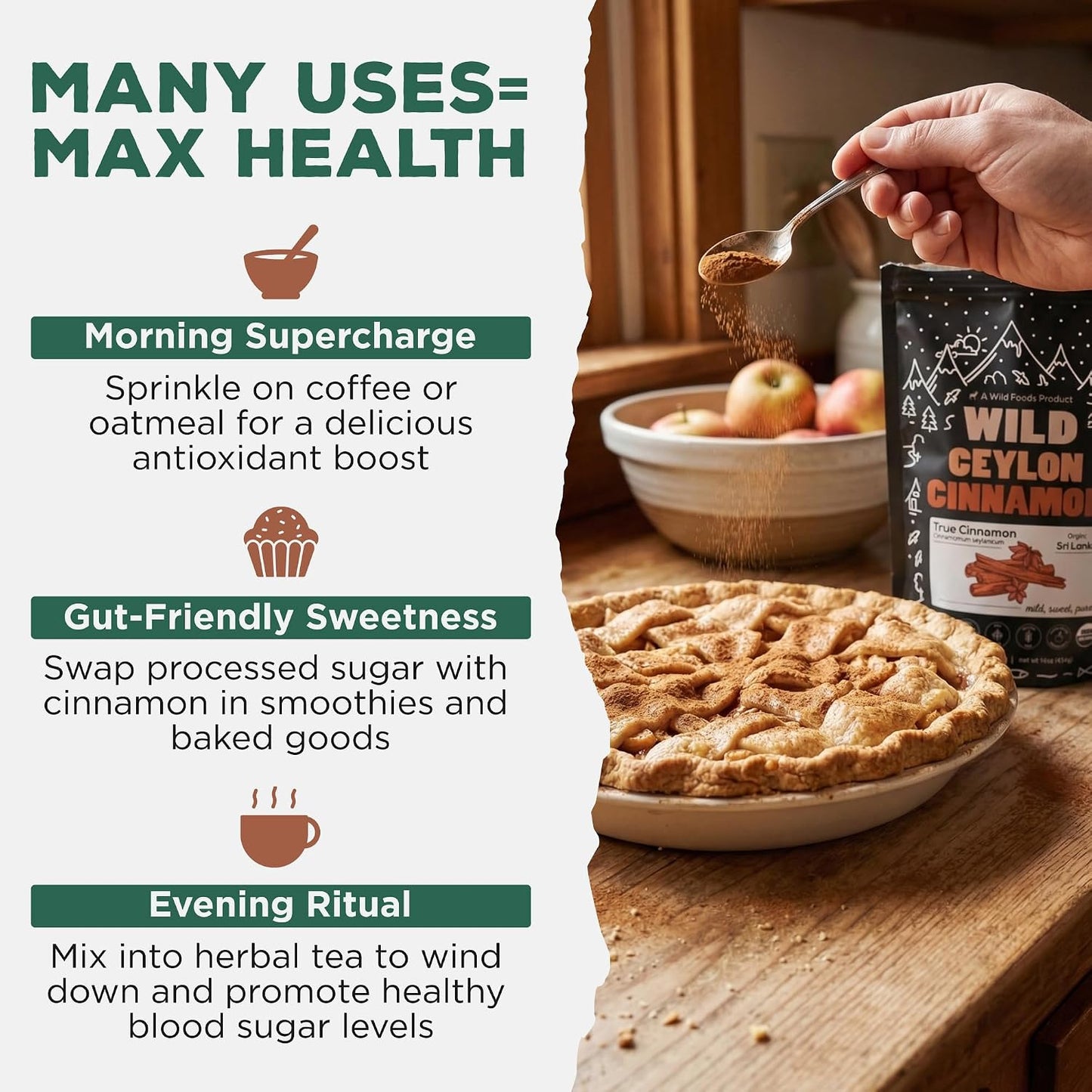 Wild Ceylon Cinnamon Powder - 100% Organic from Sri Lanka - USDA Approved, 16oz Low Coumarin - Aromatic Cinnamon - Ideal for Smoothies, Baking and Coffee - Support Overall Wellness