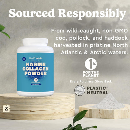 Zen Principle Marine Collagen Peptides Powder 3 lb. Wild-Caught Fish, Non-GMO. Supports Healthy Skin, Hair, Joints and Bones. Hydrolyzed Types I, II, III & IV Protein. Amino Acids. Easy to Mix.