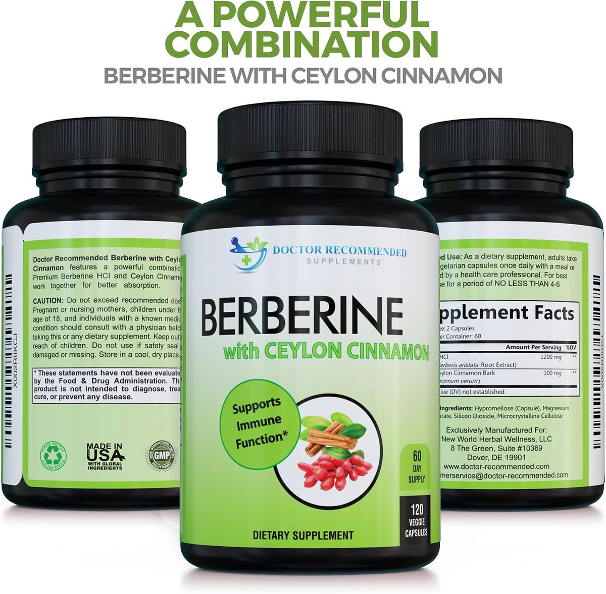 DOCTOR RECOMMENDED SUPPLEMENTS Berberine with Ceylon Cinnamon - 1200mg Berberine & 100mg Organic Ceylon Cinnamon - 120 Veggie Capsules, Healthy Immune System & Gastrointestinal Wellness