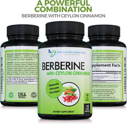 DOCTOR RECOMMENDED SUPPLEMENTS Berberine with Ceylon Cinnamon - 1200mg Berberine & 100mg Organic Ceylon Cinnamon - 120 Veggie Capsules, Healthy Immune System & Gastrointestinal Wellness