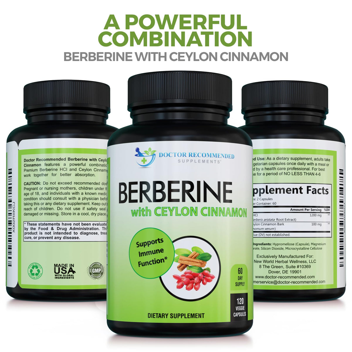 DOCTOR RECOMMENDED SUPPLEMENTS Berberine with Ceylon Cinnamon - 1200mg Berberine & 100mg Organic Ceylon Cinnamon - 120 Veggie Capsules, Healthy Immune System & Gastrointestinal Wellness
