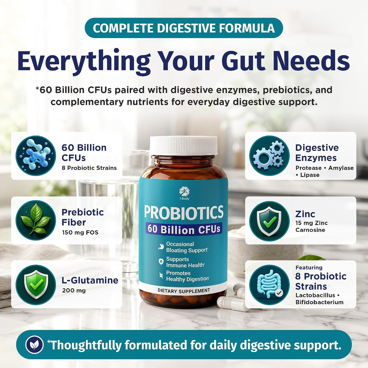 1 Body Probiotic 60 Billion with Prebiotics & Enzymes, 60 Vegan Caps