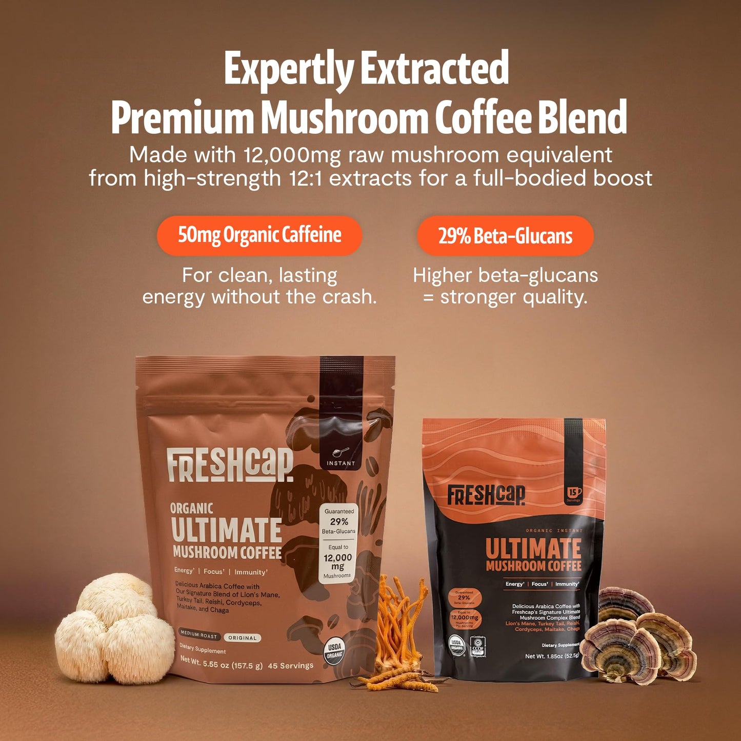 Premium Organic Mushroom Coffee – 12:1 Fruiting Body Extract – 29% Beta-Glucans – Smooth Tasting, 3rd-Party Tested for Clean Energy, No Jitters, Focus, Immune Support (15 Servings)